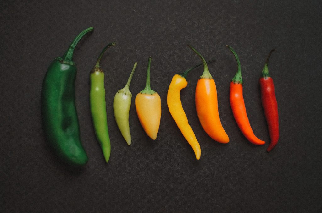 Différentes gammes de piments existants, du plus vert au plus rouge